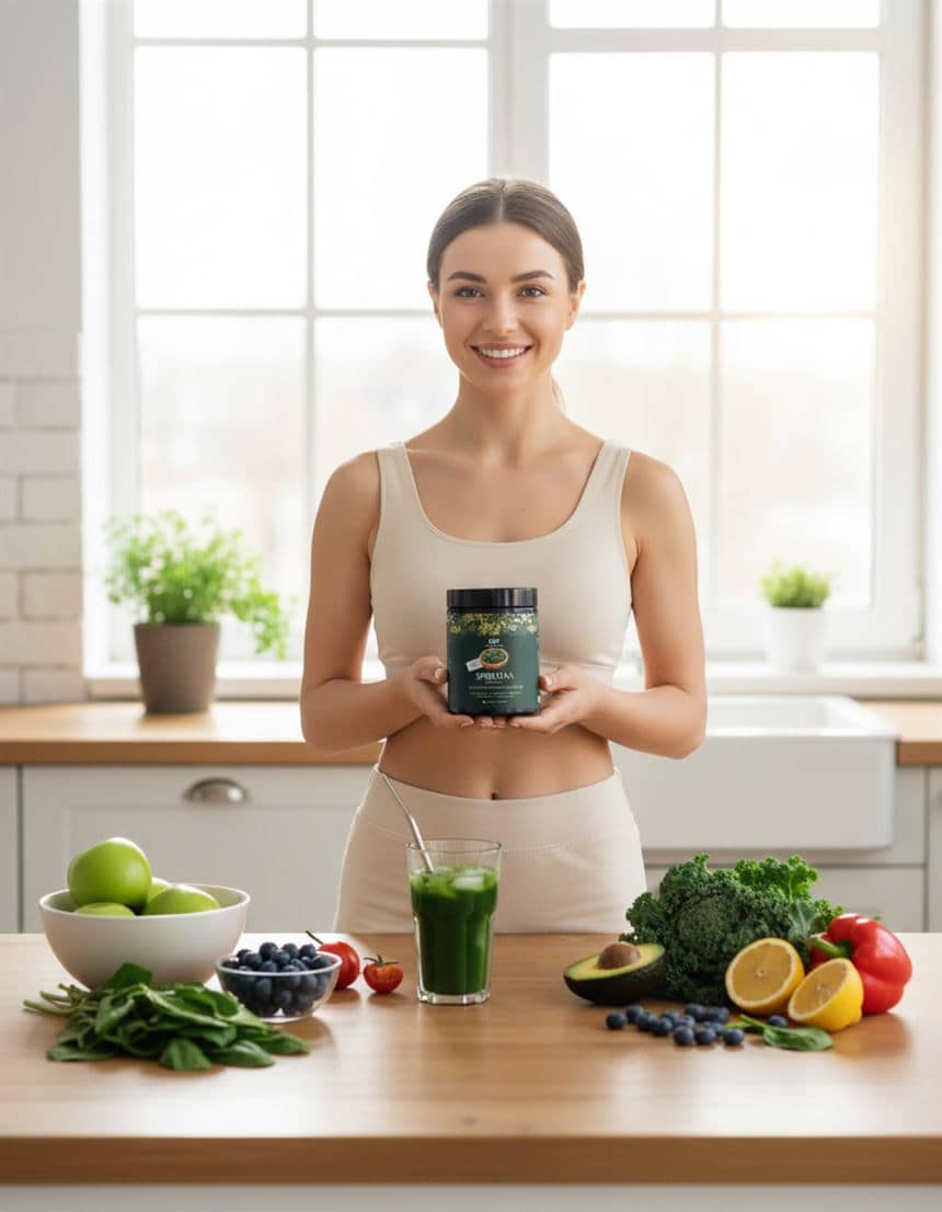 Жінка зі спіруліною Health Hunter на сонячній кухні